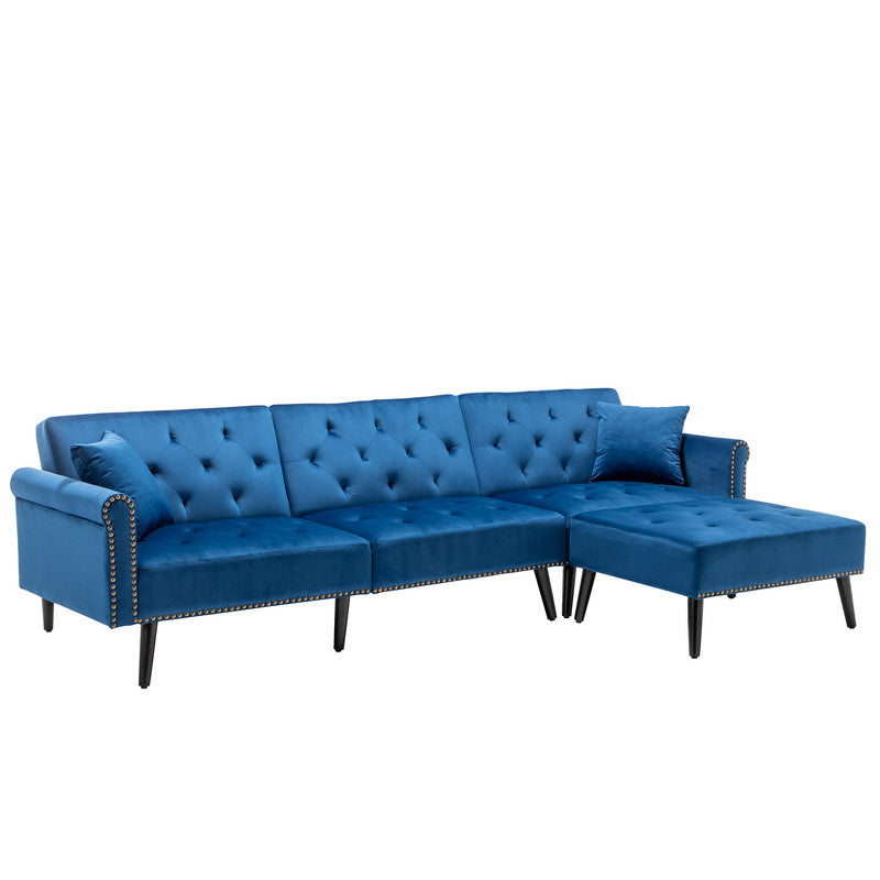 Lilola Home Piper Navy Blue Velvet Sofa Bed with Ottoman and 2 Accent Pillows