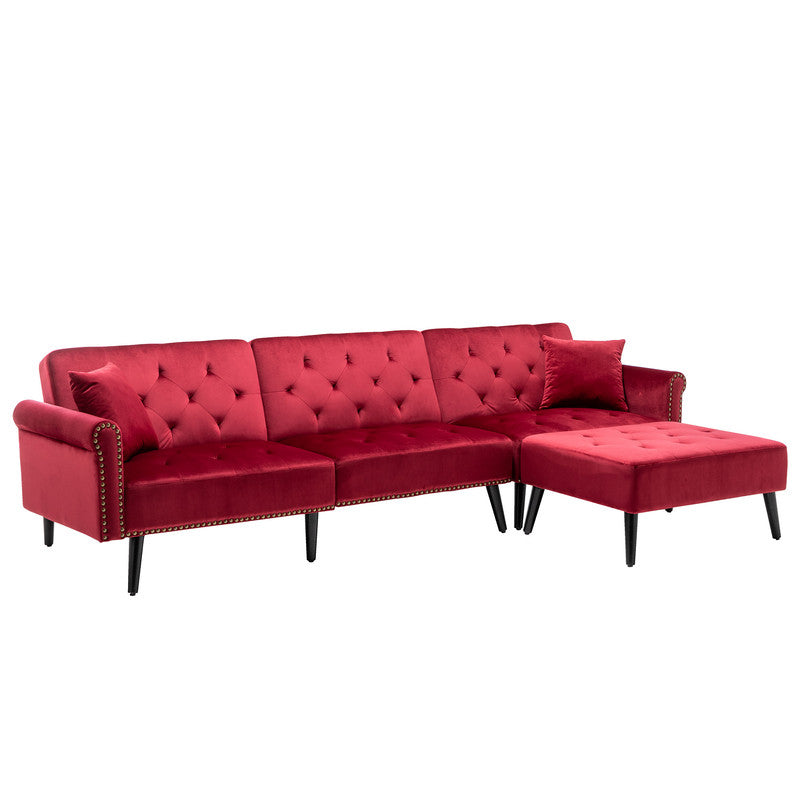 Lilola Home Piper Jujube Red Velvet Sofa Bed with Ottoman and 2 Accent Pillows