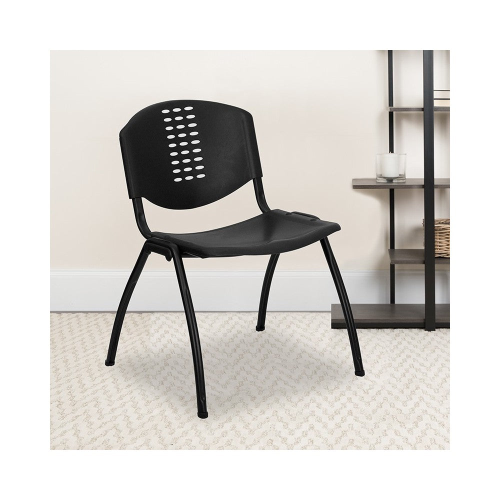 880 lb. Capacity Black Plastic Stack Chair with Oval Cutout Back and Black Frame
