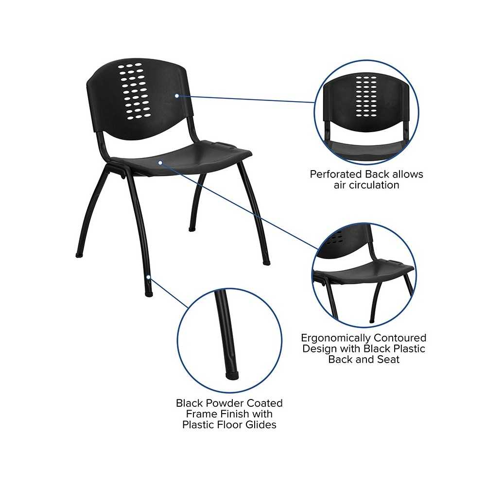 880 lb. Capacity Black Plastic Stack Chair with Oval Cutout Back and Black Frame