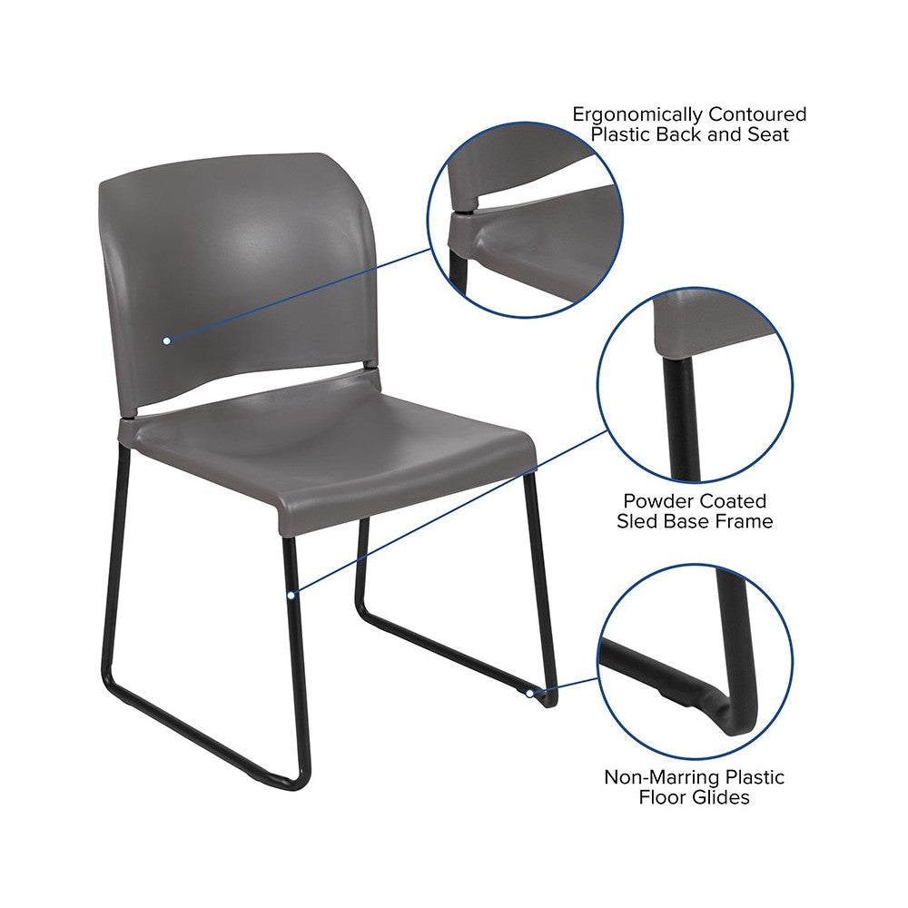 880 lb. Capacity Gray Full Back Contoured Stack Chair with Black Powder Coated Sled Base