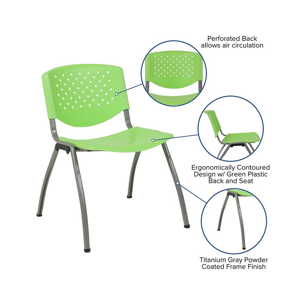 880 lb. Capacity Green Plastic Stack Chair with Titanium Gray Powder Coated Frame
