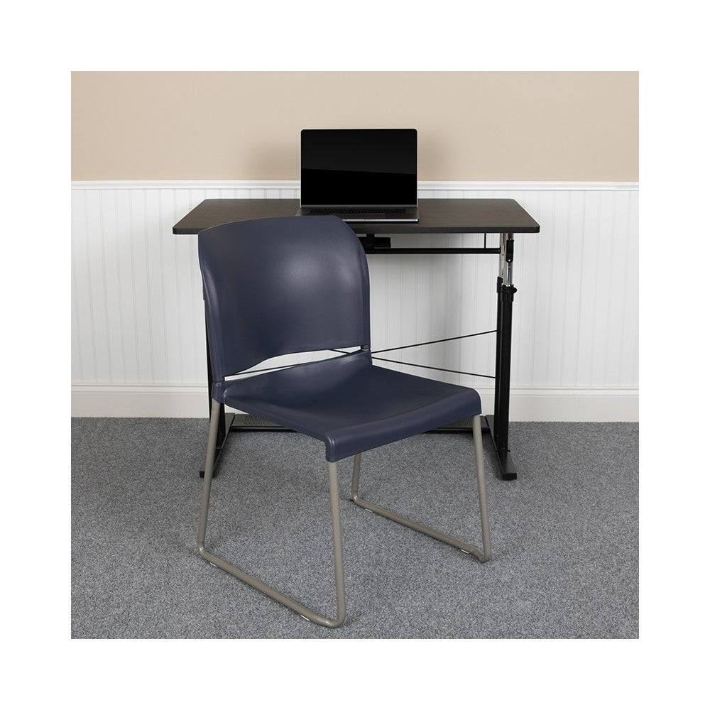 880 lb. Capacity Navy Full Back Contoured Stack Chair with Gray Powder Coated Sled Base