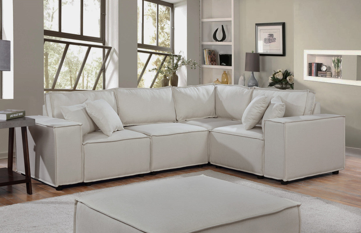 Lilola Home Melrose Modular Sectional Sofa with Ottoman in Beige Linen