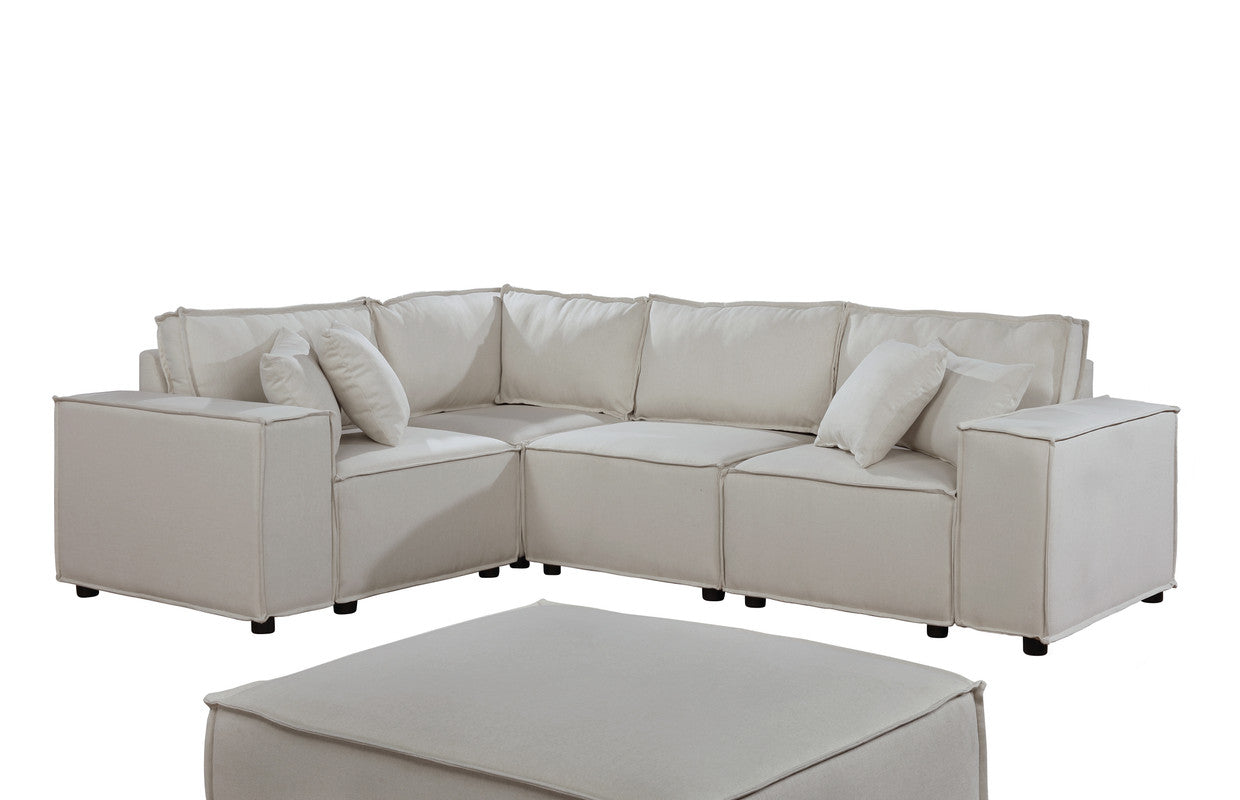 Lilola Home Melrose Modular Sectional Sofa with Ottoman in Beige Linen