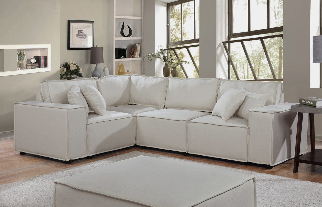 Lilola Home Melrose Modular Sectional Sofa with Ottoman in Beige Linen