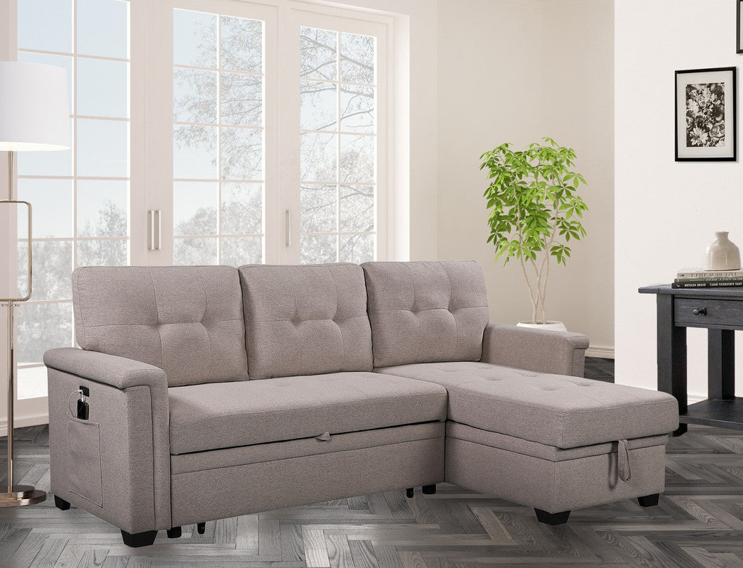 Nathan Light Gray Reversible Sleeper Sectional, Storage Chaise, Charging Ports