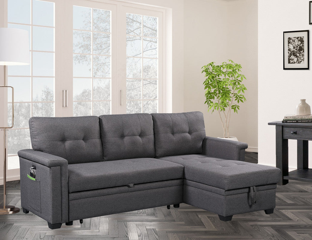 Nathan Dark Gray Reversible Sleeper Sectional, Storage Chaise, Charging Ports