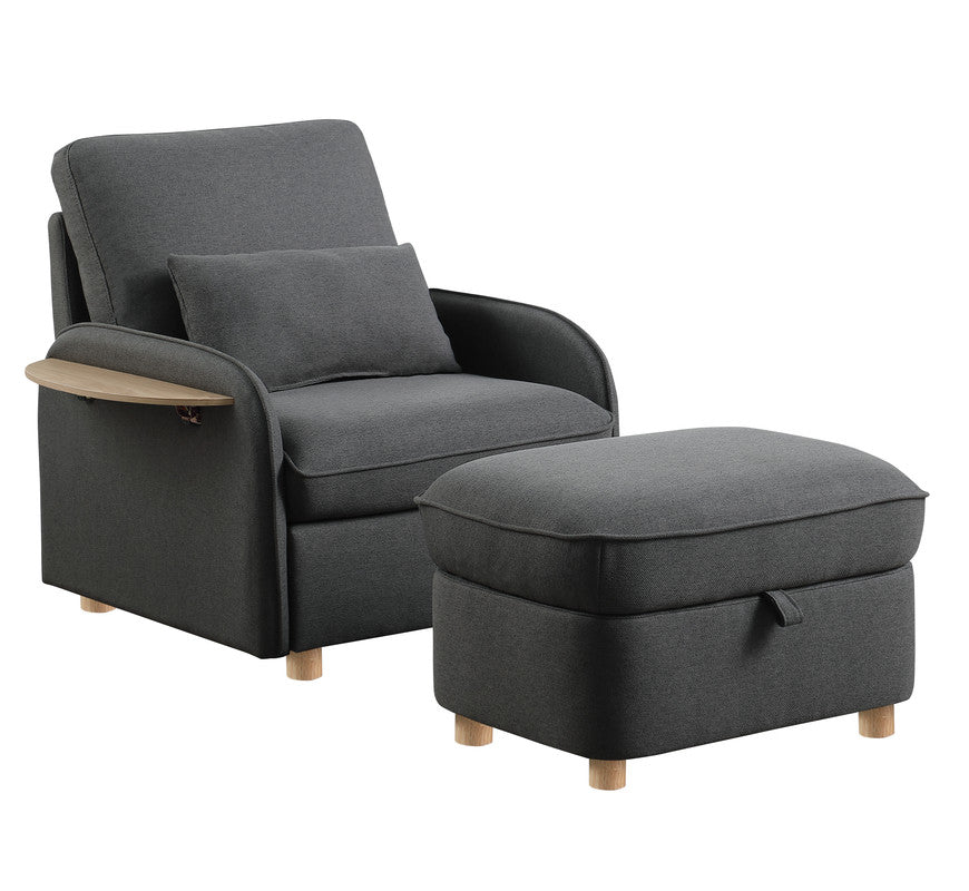 Huckleberry Dark Gray Linen Accent Chair Storage Ottoman and Folding Side Table