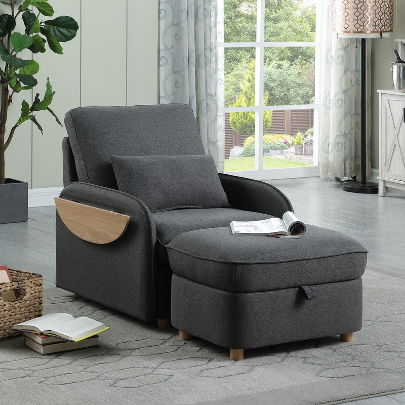 Huckleberry Dark Gray Linen Accent Chair Storage Ottoman and Folding Side Table