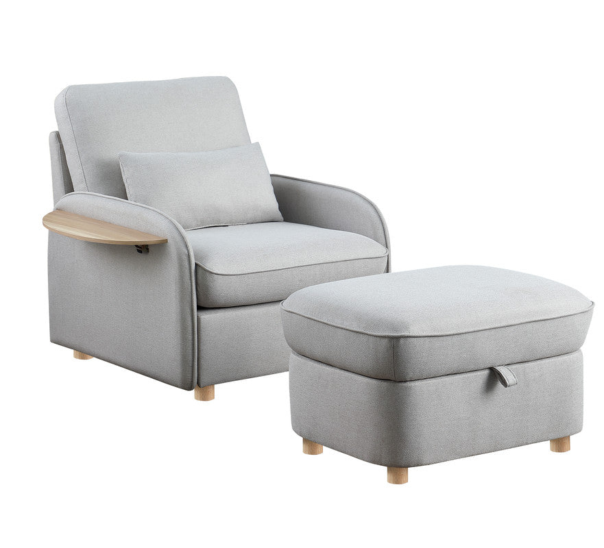 Huckleberry Light Gray Linen Accent Chair Storage Ottoman Folding Side Table