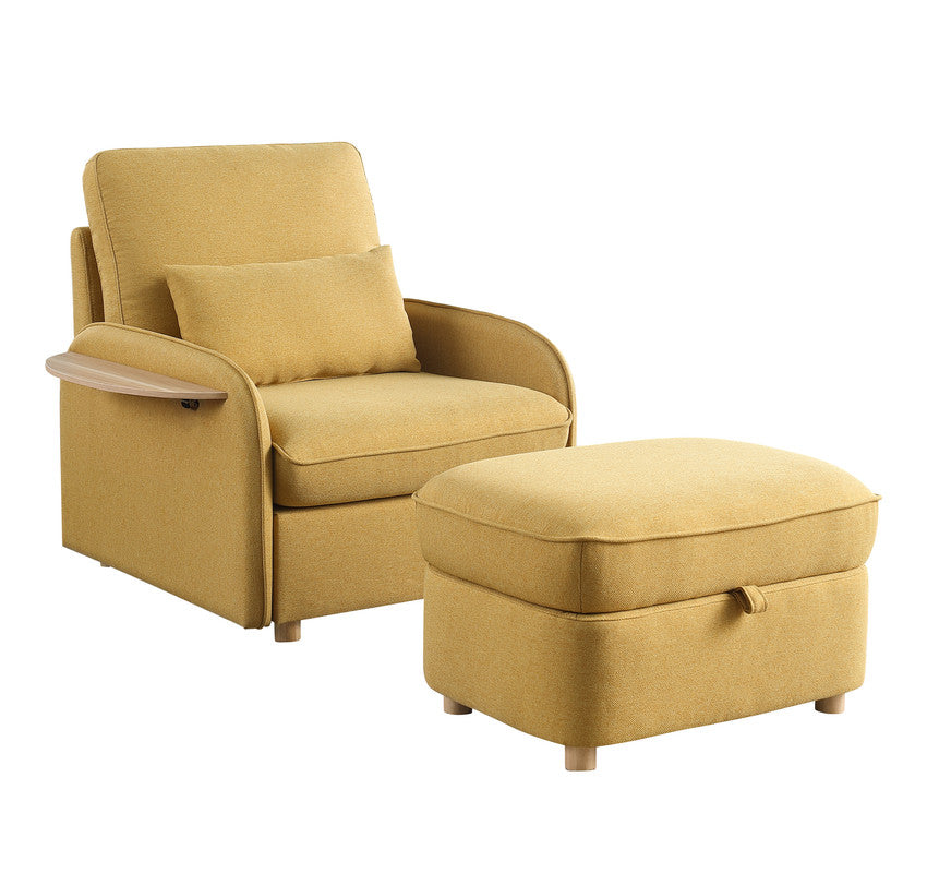 Huckleberry Yellow Linen Accent Chair Storage Ottoman and Folding Side Table