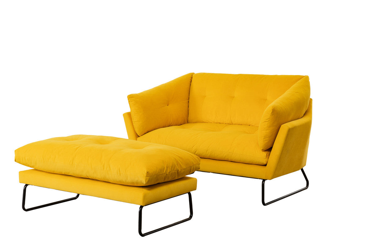 Karla Yellow Velvet Contemporary Loveseat and Ottoman