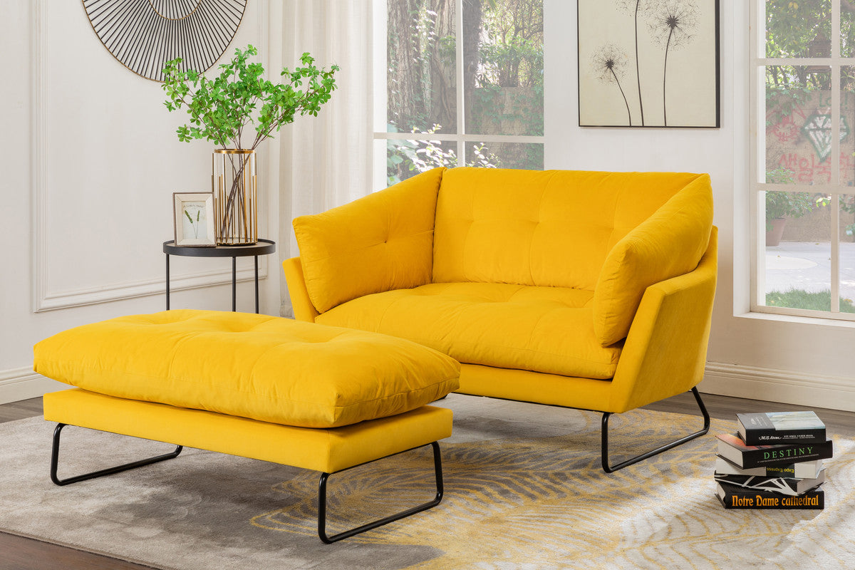 Karla Yellow Velvet Contemporary Loveseat and Ottoman
