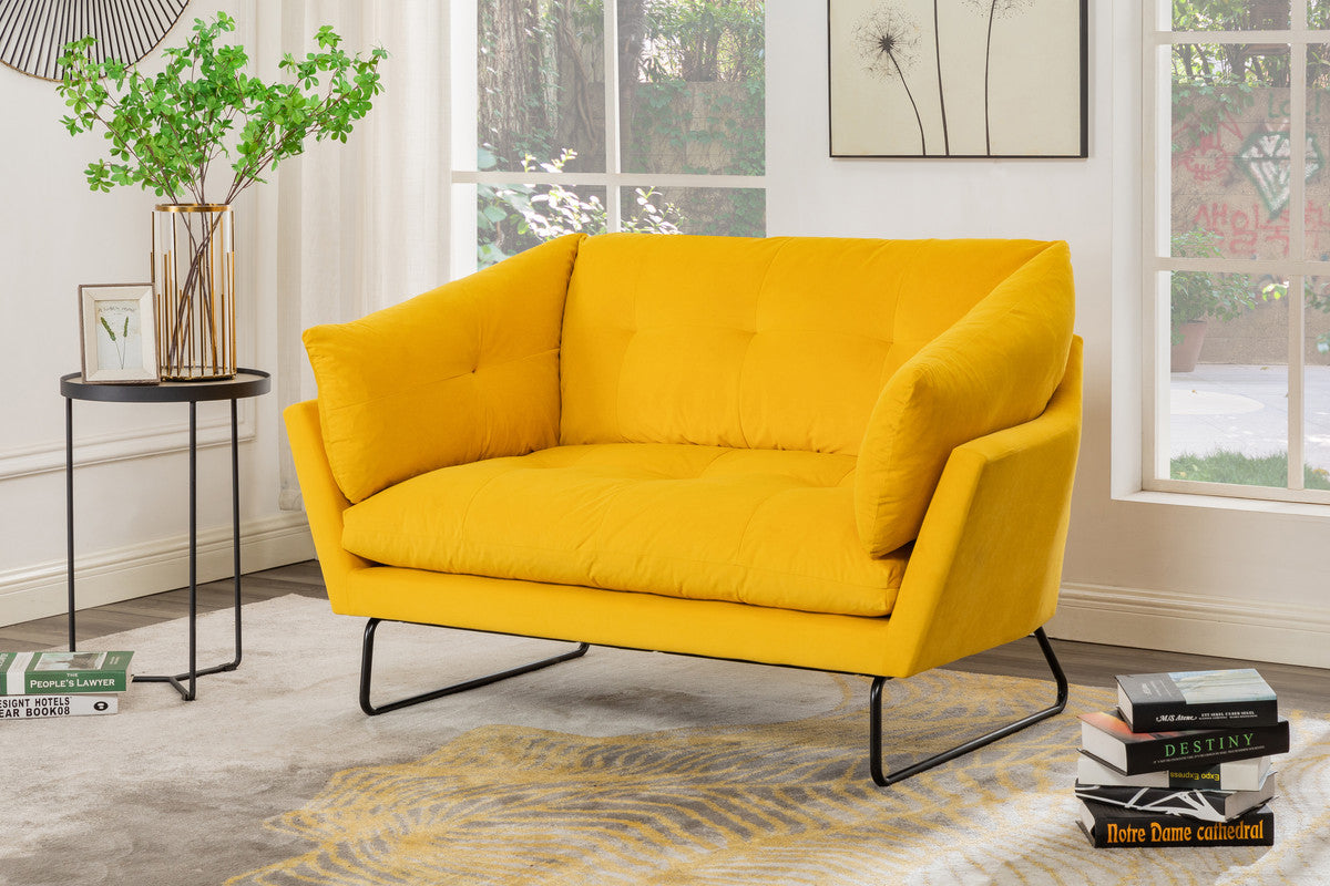 Karla Yellow Velvet Contemporary Loveseat and Ottoman
