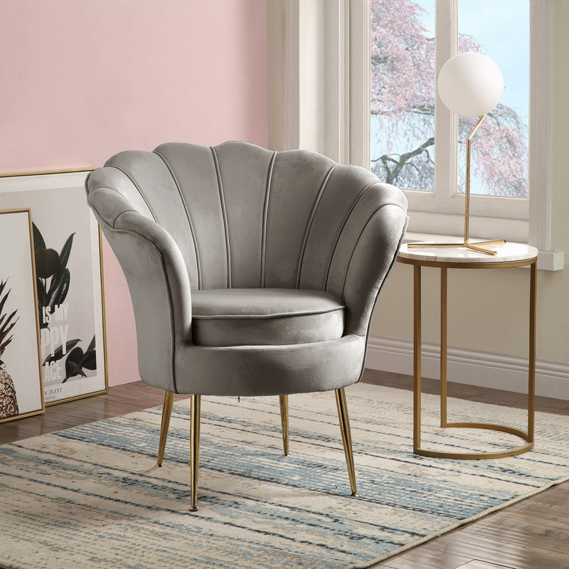 Angelina Gray Velvet Scalloped Back Barrel Accent Chair with Metal Legs