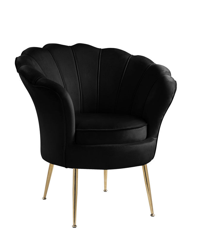 Angelina Black Velvet Scalloped Back Barrel Accent Chair with Metal Legs