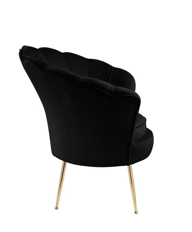 Angelina Black Velvet Scalloped Back Barrel Accent Chair with Metal Legs