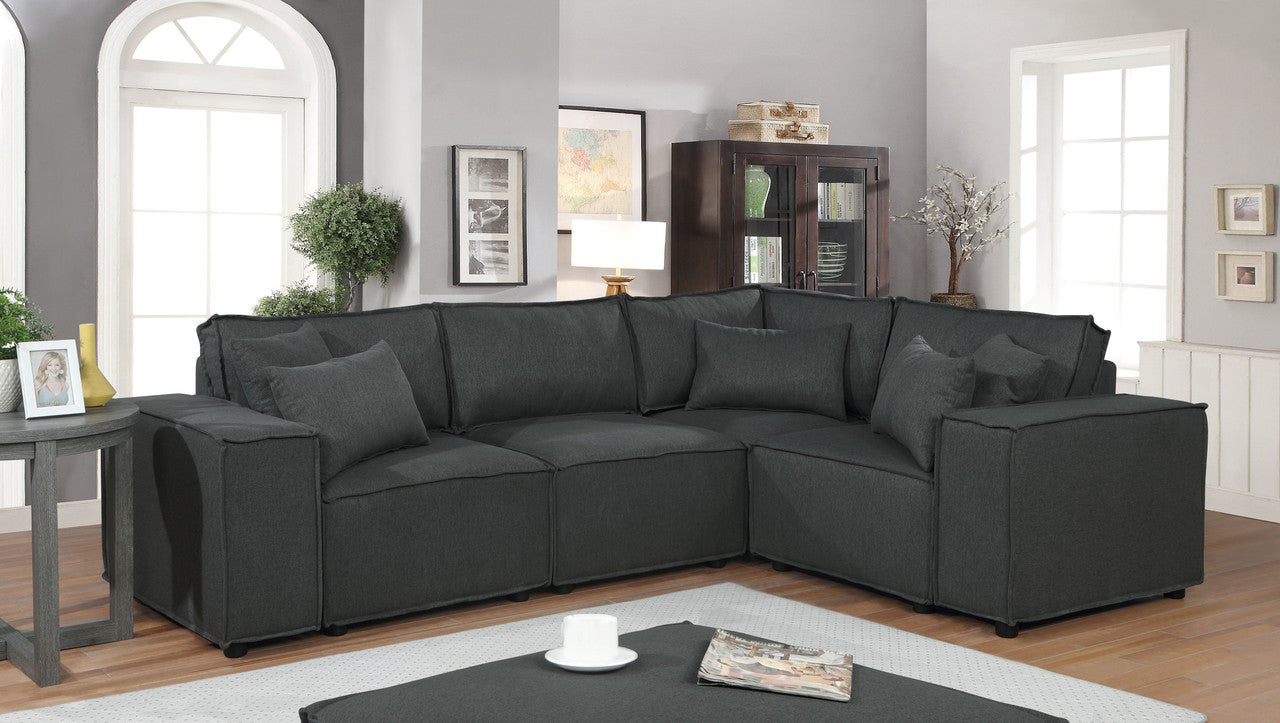 Lilola Home Melrose Modular Sectional Sofa with Ottoman in Dark Gray Linen