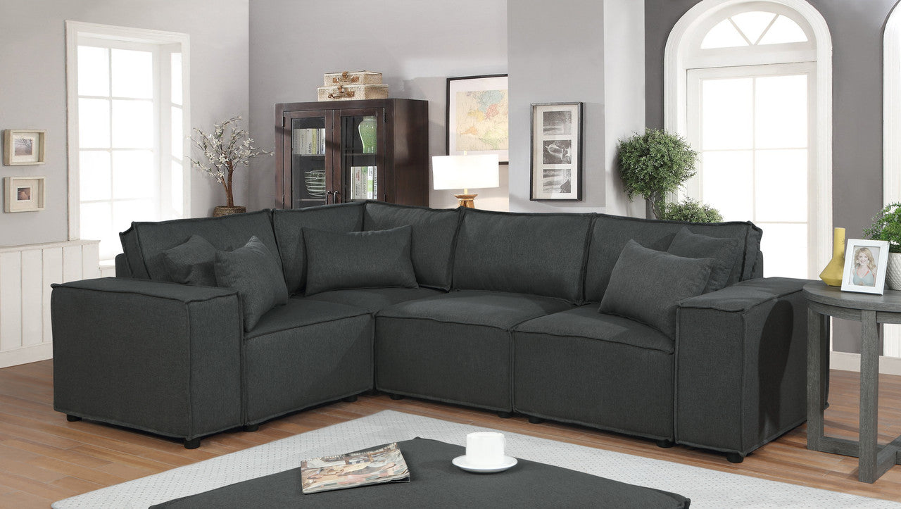 Lilola Home Melrose Modular Sectional Sofa with Ottoman in Dark Gray Linen