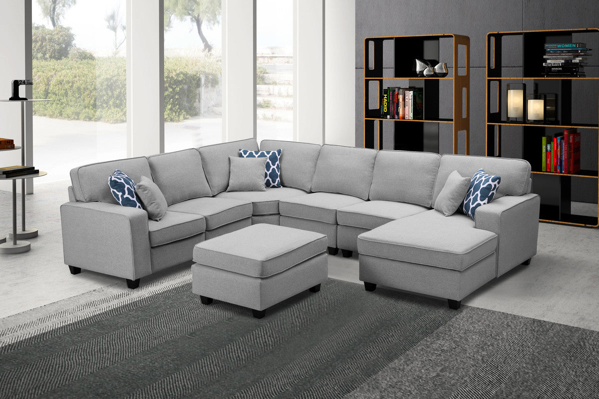 Brooke Light Gray Linen 7Pc Modular L-Shape Sectional Sofa Chaise and Ottoman