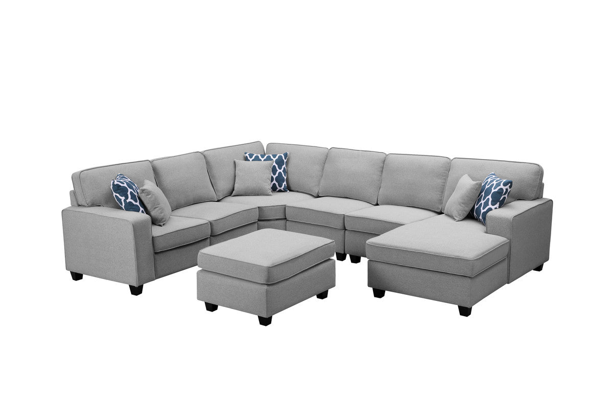 Brooke Light Gray Linen 7Pc Modular L-Shape Sectional Sofa Chaise and Ottoman