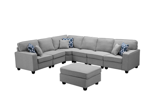 Casanova Light Gray Linen 7Pc Modular L-Shape Sectional Sofa with Ottoman