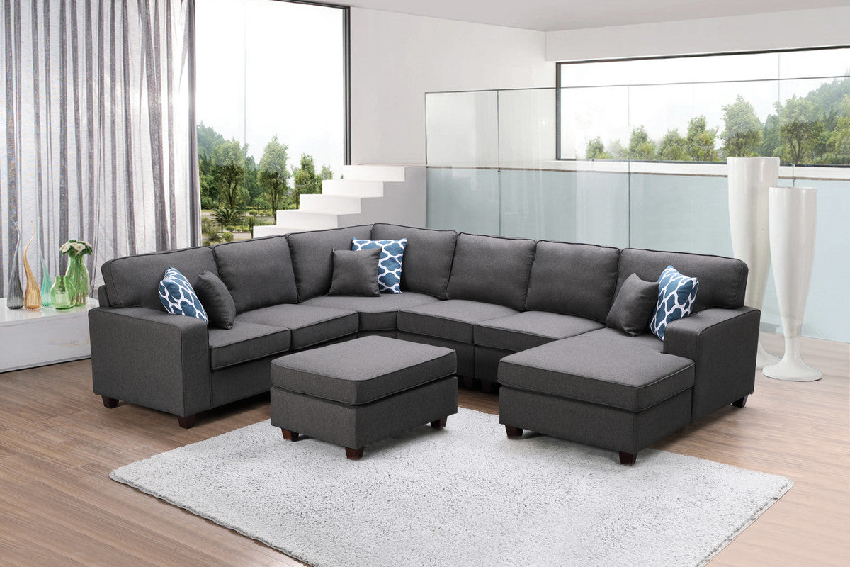 Brooke Dark Gray Linen 7Pc Modular L-Shape Sectional Sofa Chaise and Ottoman