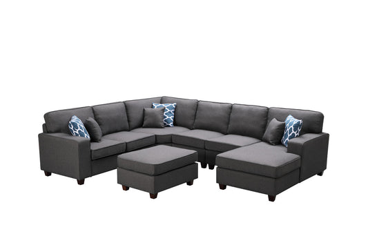 Brooke Dark Gray Linen 7Pc Modular L-Shape Sectional Sofa Chaise and Ottoman