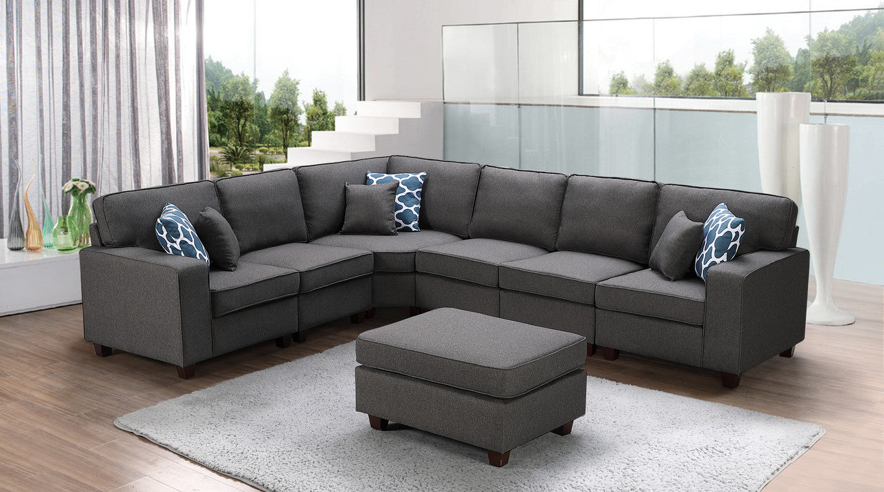 Lilola Home Casanova Dark Gray Linen 7Pc Modular Sectional Sofa and Ottoman