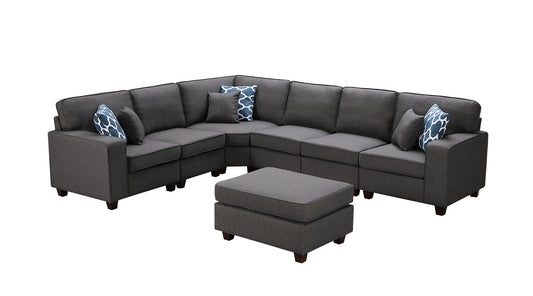 Lilola Home Casanova Dark Gray Linen 7Pc Modular Sectional Sofa and Ottoman