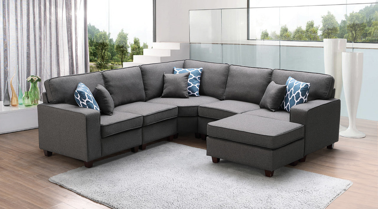 Lilola Home Sonoma Dark Gray Linen 6Pc Modular Sectional Sofa and Ottoman