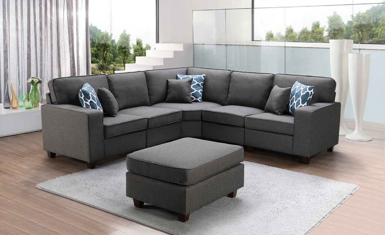 Lilola Home Sonoma Dark Gray Linen 6Pc Modular Sectional Sofa and Ottoman