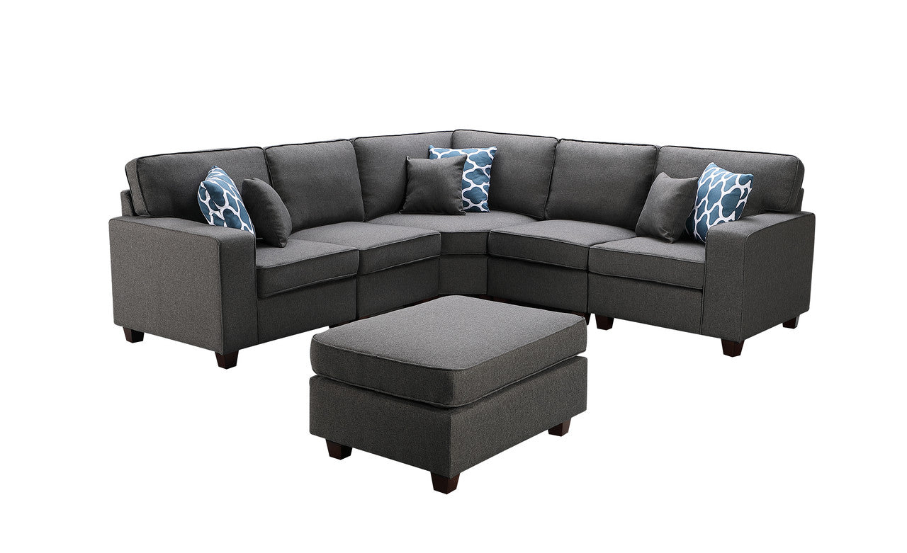 Lilola Home Sonoma Dark Gray Linen 6Pc Modular Sectional Sofa and Ottoman