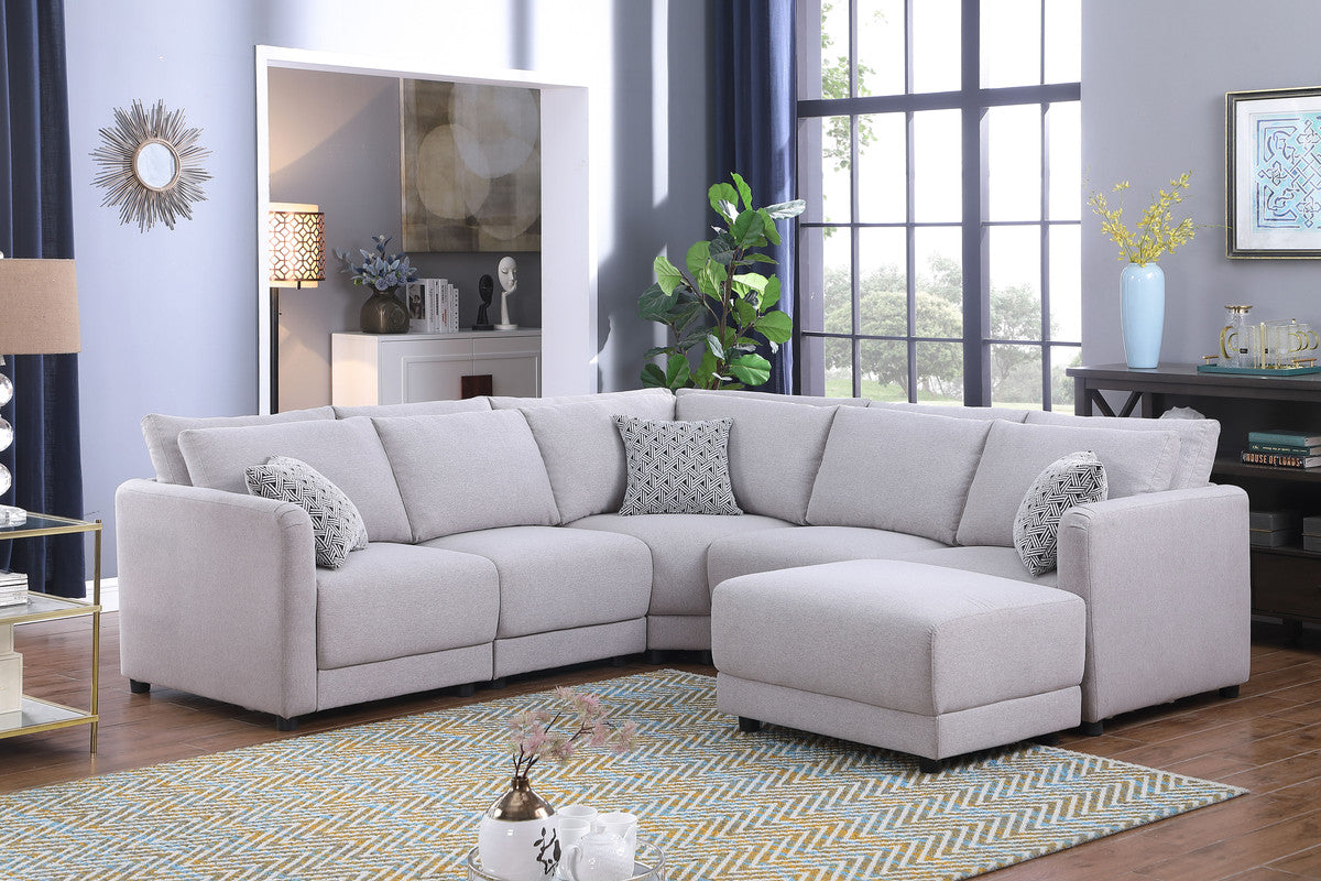 Penelope Light Gray Linen Reversible L-Shape Sectional Sofa, Ottoman, 89126-11B