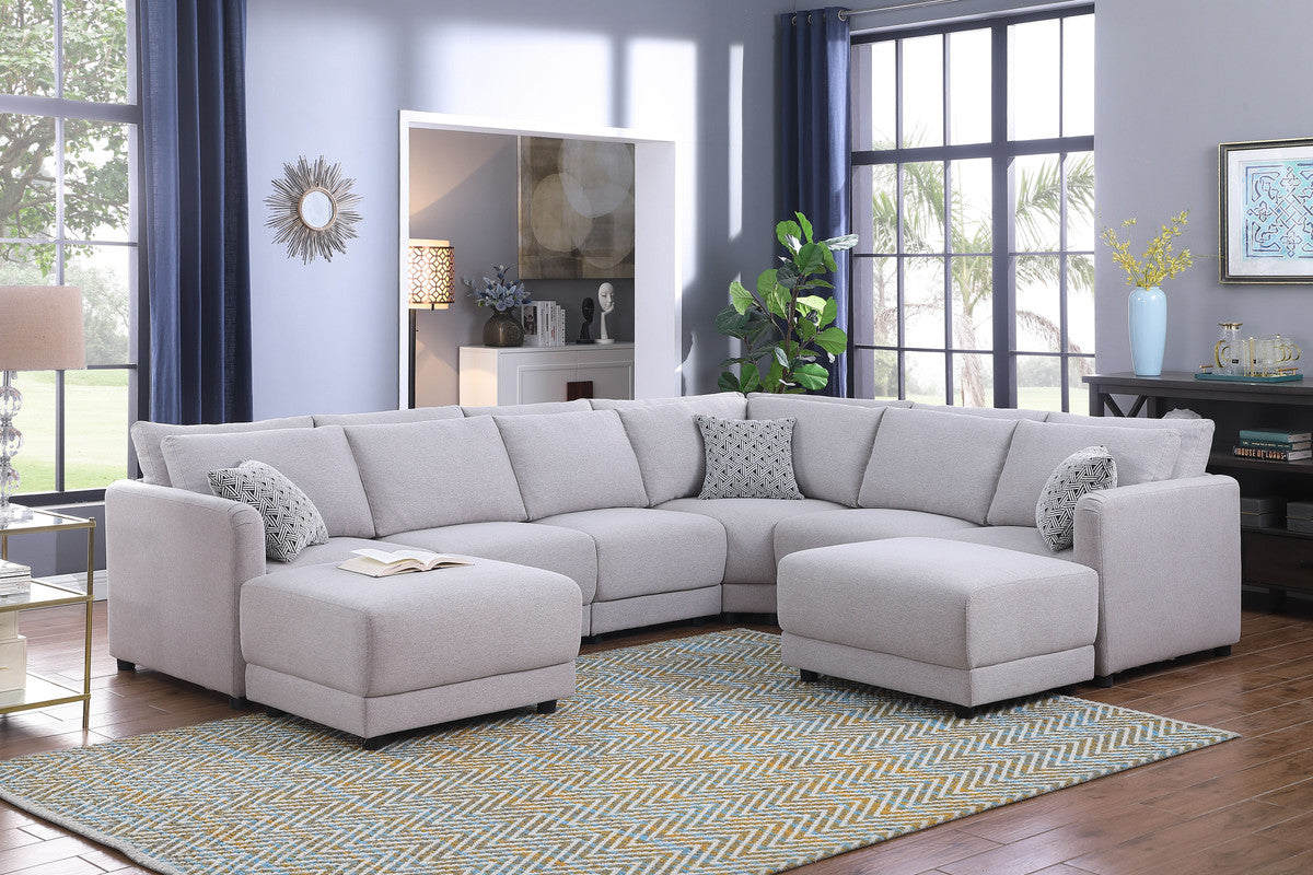 Penelope Light Gray Linen Reversible 8PC Modular Sectional, Ottomans, Pillows