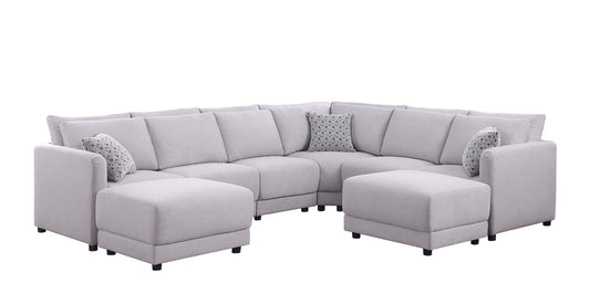 Penelope Light Gray Linen Reversible 8PC Modular Sectional, Ottomans, Pillows