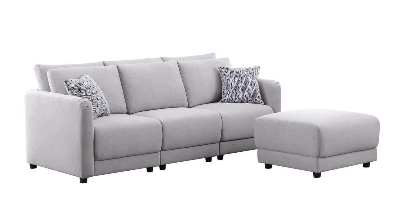 Penelope Light Gray Linen Fabric Sofa with Ottoman and Pillows, 89126-5B
