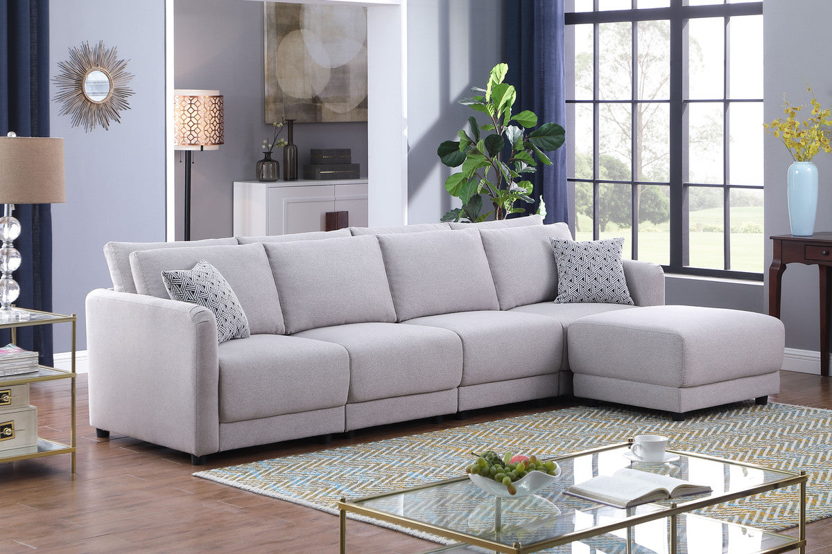 Penelope Light Gray Linen Fabric 4-Seater Sofa with Ottoman, 89126-8B