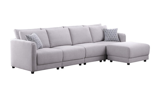 Penelope Light Gray Linen Fabric 4-Seater Sofa with Ottoman, 89126-8B