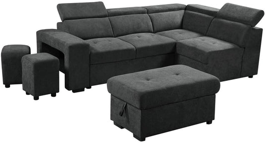 Henrik Dark Gray Sleeper Sectional Sofa with Storage Ottoman and 2 Stools from Lilola Home