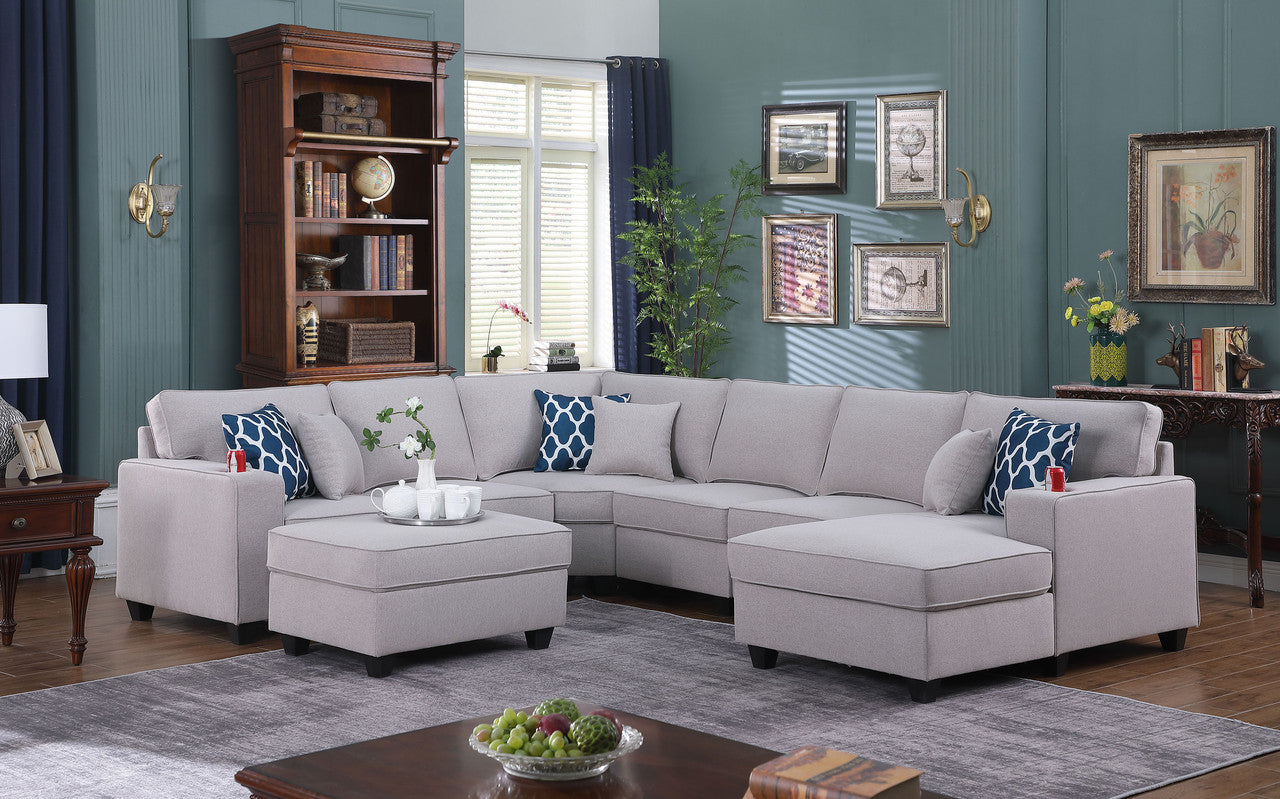 Cooper Light Gray Linen 7Pc Modular Sectional Sofa Chaise, Ottoman, Cupholder