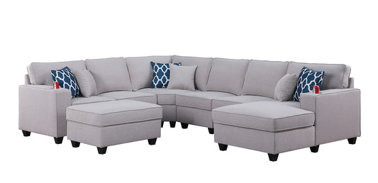 Cooper Light Gray Linen 7Pc Modular Sectional Sofa Chaise, Ottoman, Cupholder