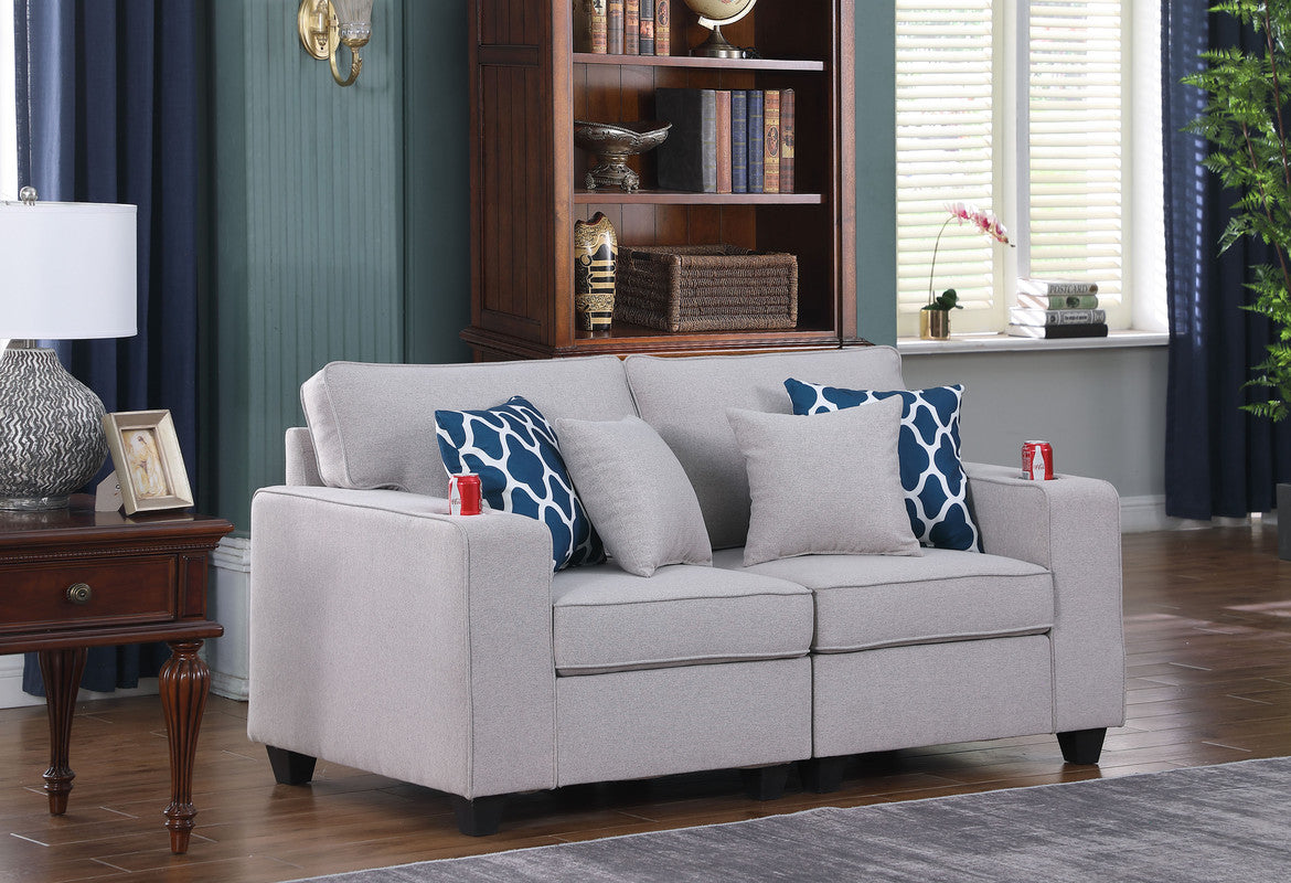 Lilola Home Cooper Light Gray Linen Loveseat with Cupholder