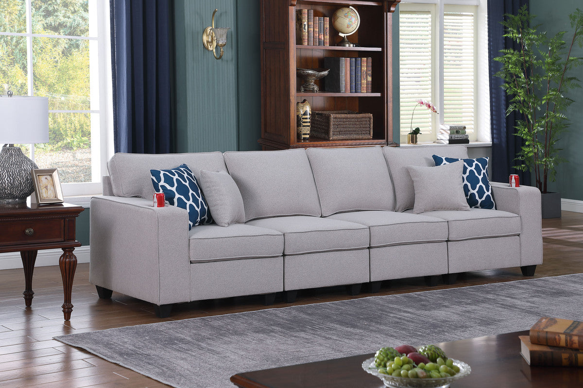 Lilola Home Cooper Light Gray Linen 4-Seater Sofa with Cupholder