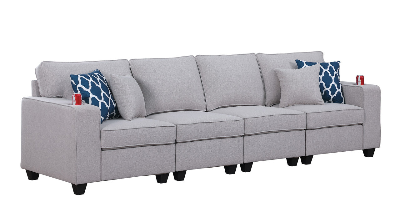 Lilola Home Cooper Light Gray Linen 4-Seater Sofa with Cupholder