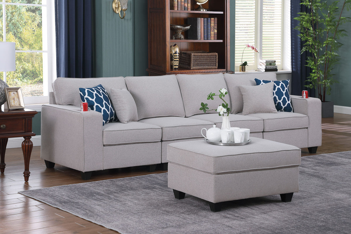 Cooper Light Gray Linen 4-Seater Sofa with Ottoman and Cupholder, 89131-16A