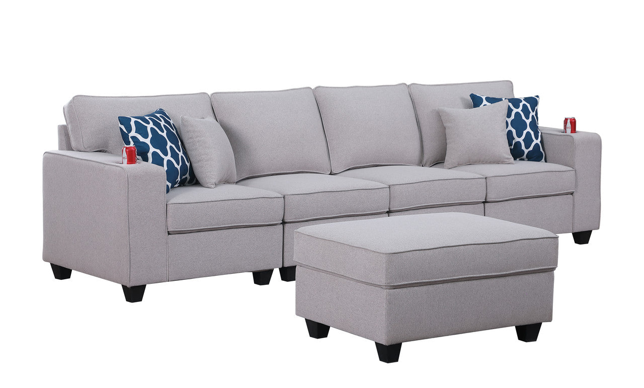 Cooper Light Gray Linen 4-Seater Sofa with Ottoman and Cupholder, 89131-16A