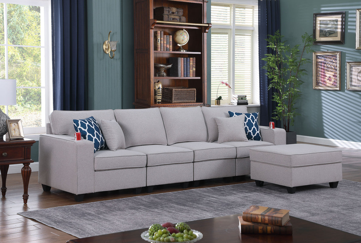 Cooper Light Gray Linen 4-Seater Sofa with Ottoman and Cupholder, 89131-16B