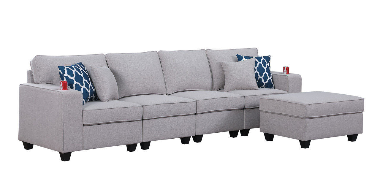 Cooper Light Gray Linen 4-Seater Sofa with Ottoman and Cupholder, 89131-16A